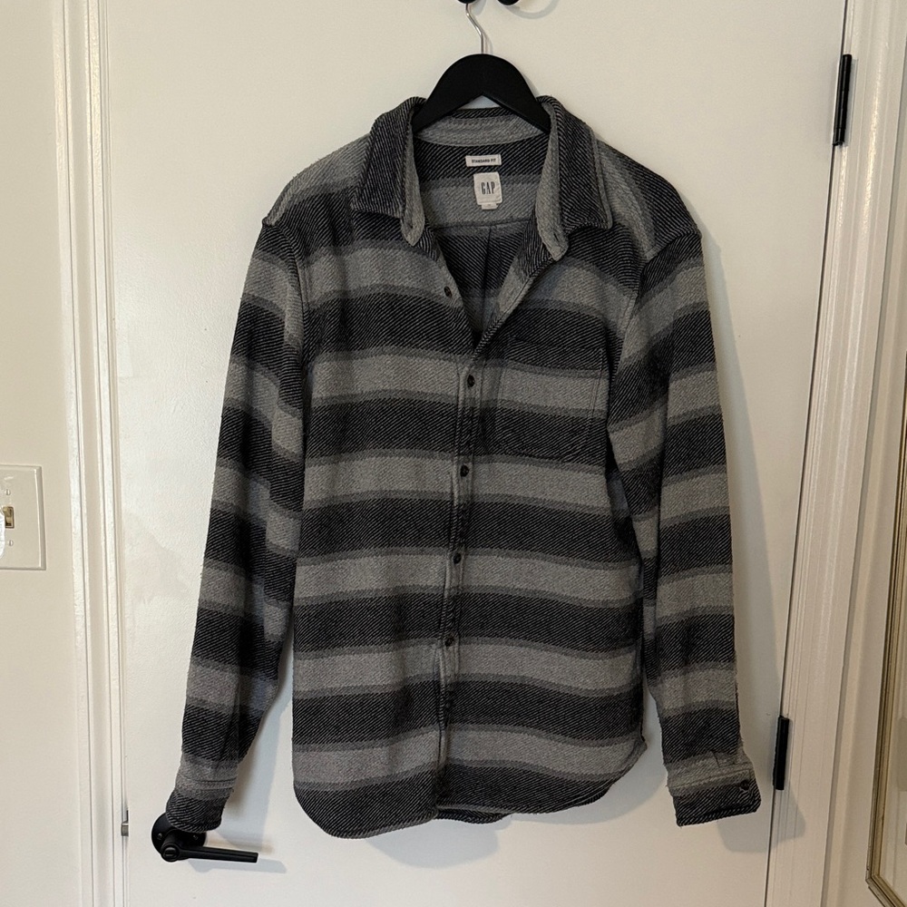 GAP Men’s Charcoal and Light Gray Striped Thick Flannel Shirt